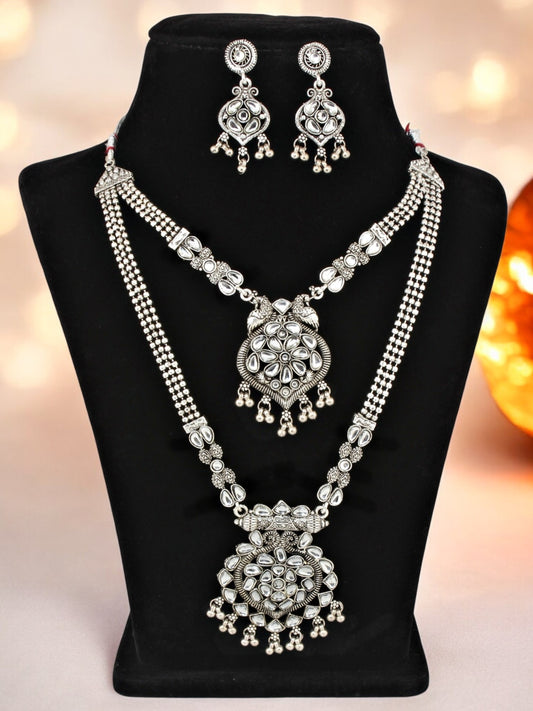 Oxidised Silver Plating Navratri Festival Jewellery Necklace Set with Earrings