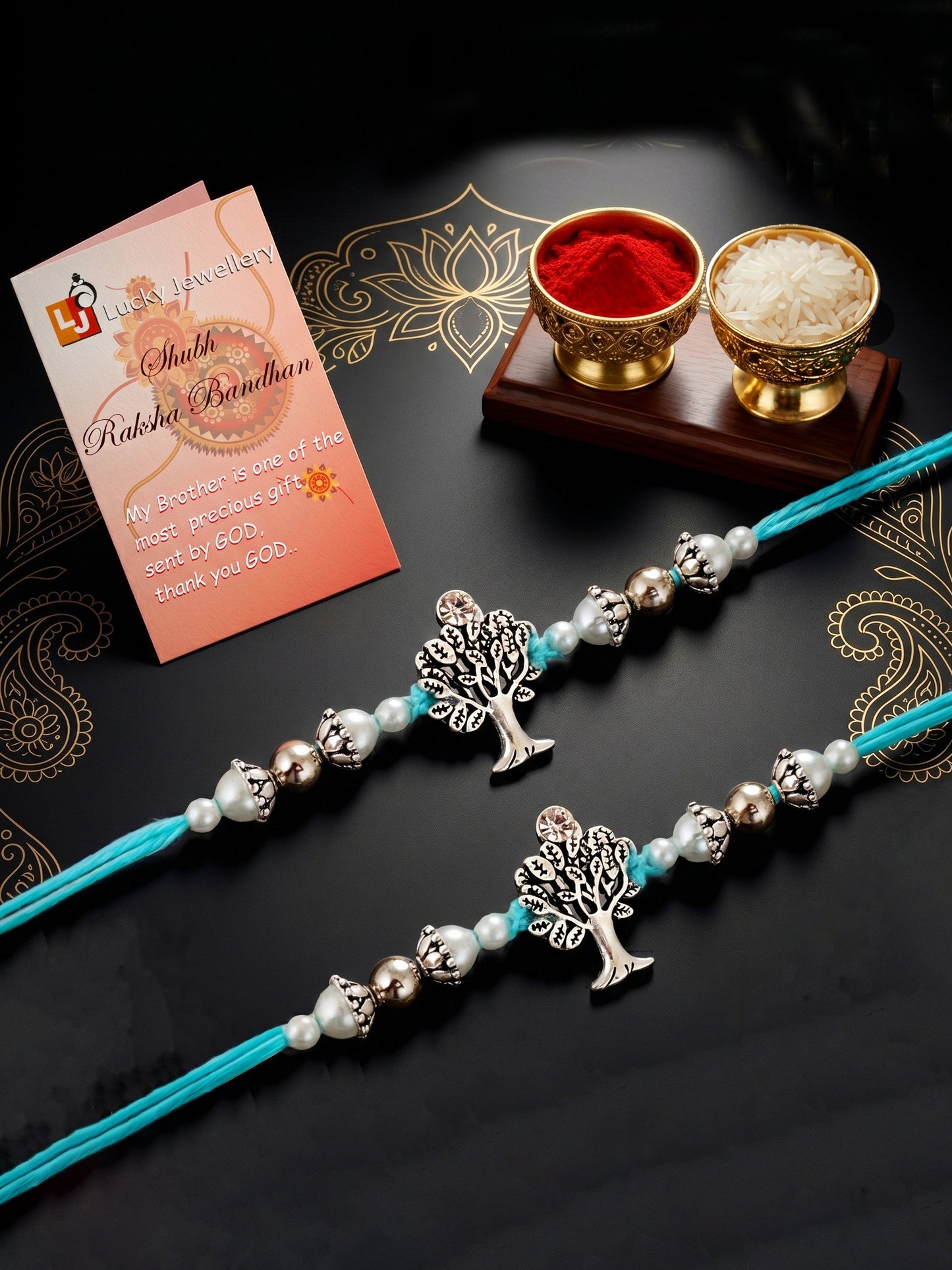 Set of 2 Silver Tree of Life Rakhi for Brother with White Beads, Roli Chawal & Card (72-JPR1-1958-S-2-2026)