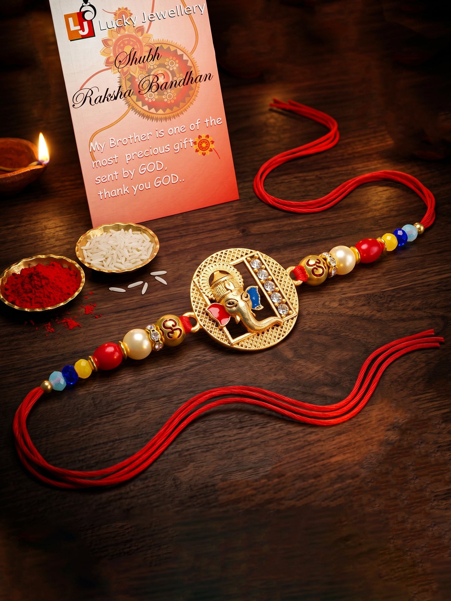 Divine Lord Ganesha & Spiritual Om Beaded Rakhi Set For Brother | With Roli Chawal & Greeting Cards (72-S5R1-AR2922)