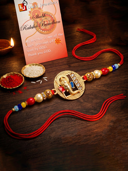 Divine Lord Ganesha & Spiritual Om Beaded Rakhi Set For Brother | With Roli Chawal & Greeting Cards (72-S5R1-AR2922)