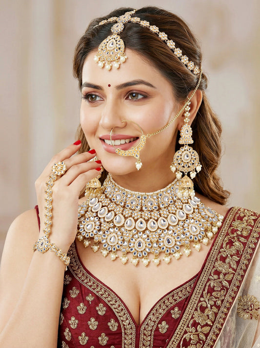 Bridal Kundan White Pearl Heavy Choker Jewellery Set with Hathphool & Nath (2640-IZK-551-W)