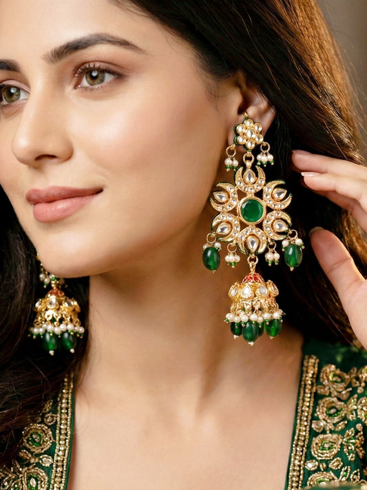 LUCKY JEWELLERY  18K Gold Plated Kundan Jhumka with Green Back Meenakari Earrings for Girls & Women |  Designer kundan Jhumkee Earring Set | Birthday Gift Earrings Valentine Anniversary
