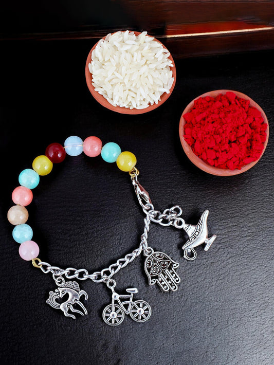 Lucky Jewellery Designer Oxidised Silver Charm Rakhi - Rakshabandhan Multi Color Beads Rakhee Pearl Lumba Bracelet for Brother/Bhaiya/Bhai/Bhabhi - Pack of 1 (158-N4B2O-1991-MT)