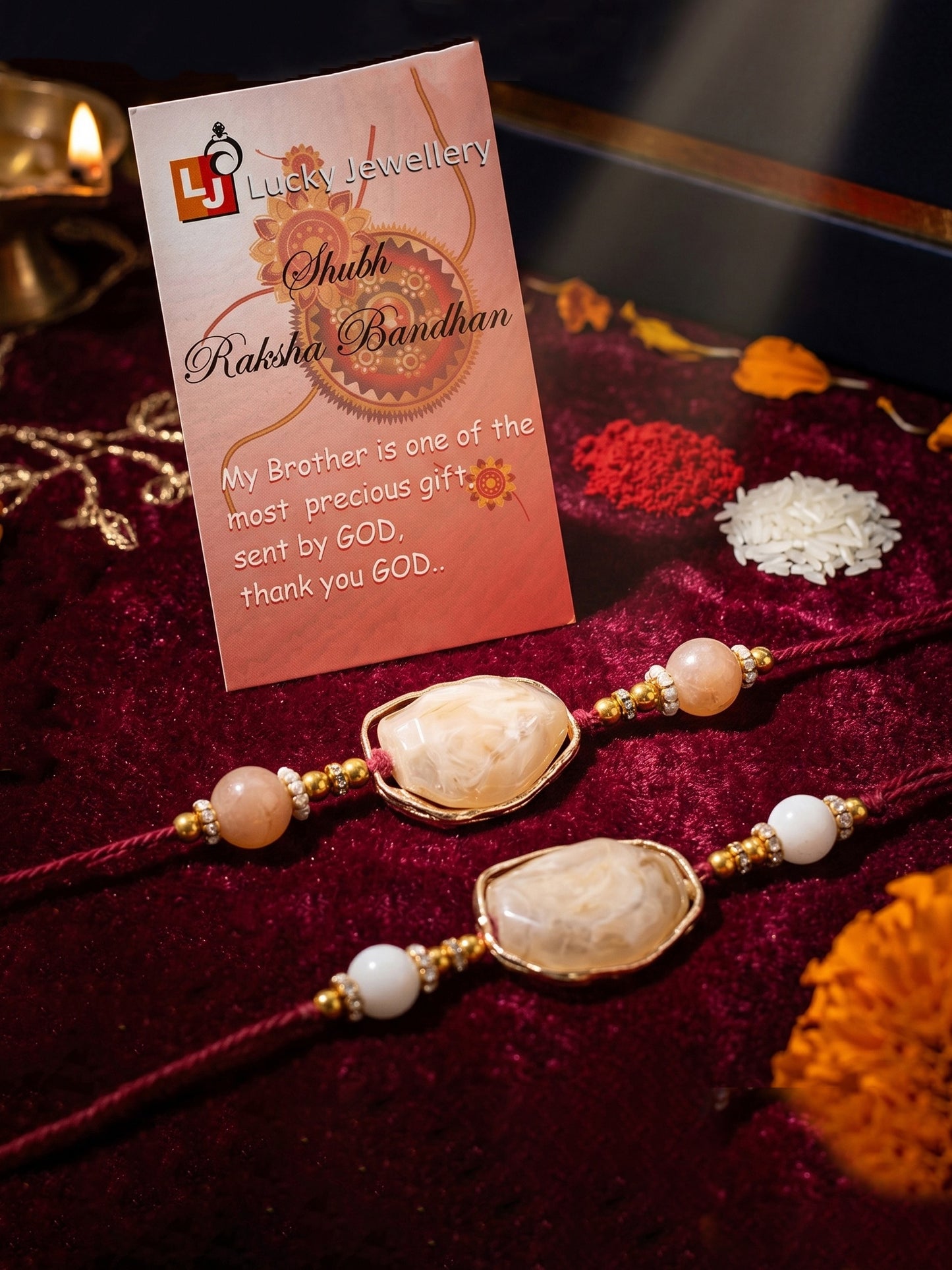 Designer Rakhi Set of 2 for Brothers. Elegant Faux Stone Centerpiece with Beads, Roli, Chawal (240-CHR1-1244-2-2026)