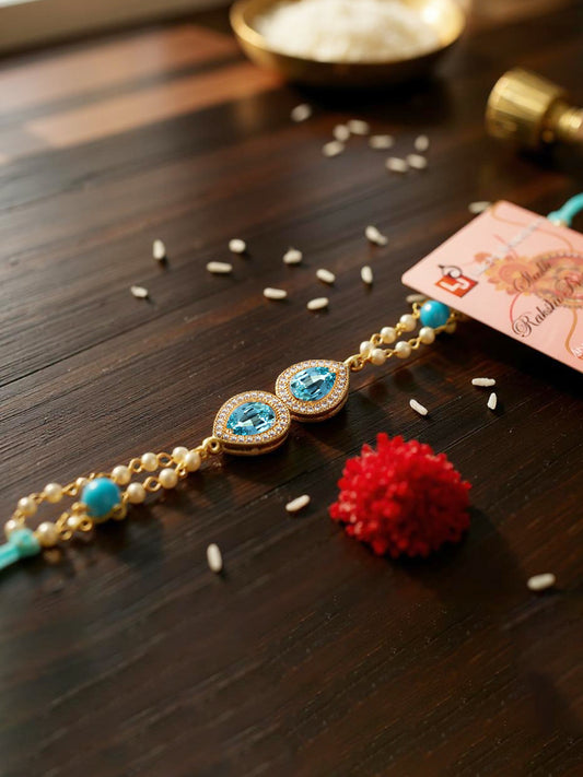 Lucky Jewellery Designer Turquoise Color Stone Rakhi - Rakshabandhan Pearl Rakhee Bracelet Lumba for Brother Bhai Bhaiya Bhabhi - Pack of 1 (200-CHB2-1279-F)