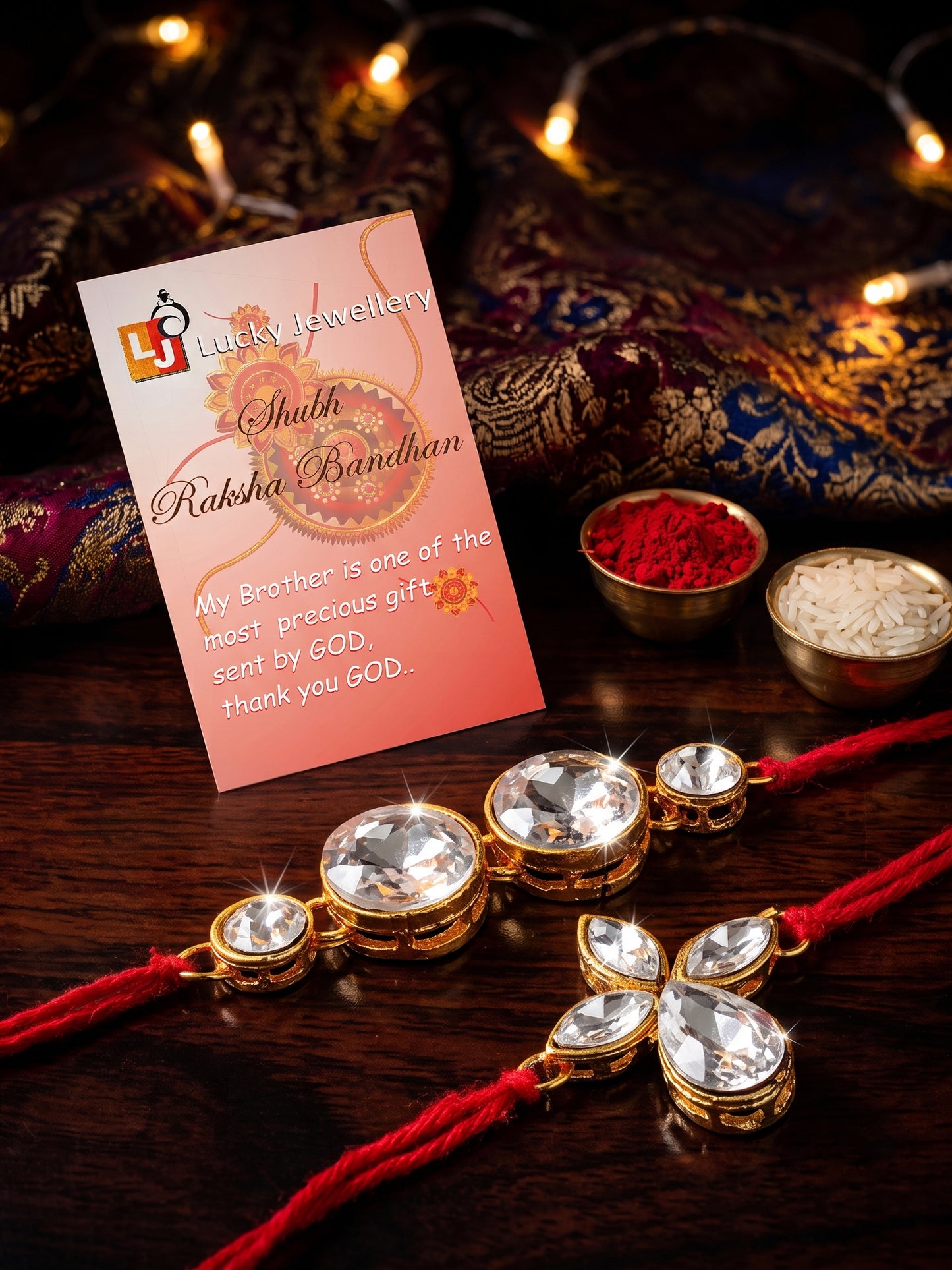 LUCKY JEWELLERY Traditional Rakhi for Brother/Bhaiya – Gold Plated Red Thread Rakshabandhan Rakhie in White Stones for Bhai/Bhabhi (Pack of 2) – Fancy Rakhee Rakshasutra (152-L1R1-06-10-W-2-2026)