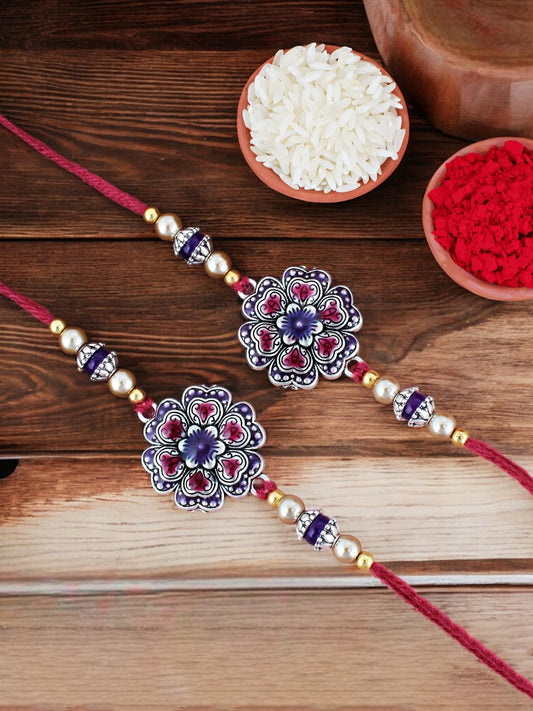 Lucky Jewellery Designer Oxidised Silver Meena Floral Rakhi - Rakshabandhan Rakhee Bracelet for Brother/Bhaiya/Bhai/Bhabhi - Pack of 2 (108-CHR1-1966-P-S-2)