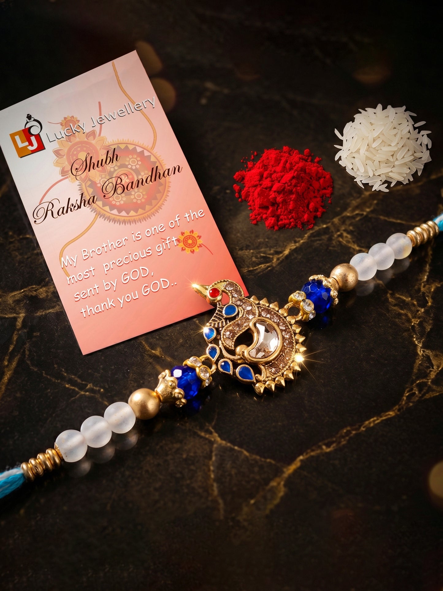 Designer Peacock Blue Stone & Beaded Rakhi for Brother with Roli Chawal & Greeting Card (61-S7R1-EA2527)