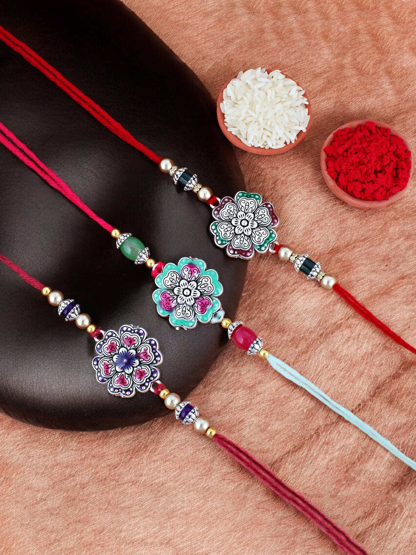 Lucky Jewellery Designer Oxidised Silver Meena Floral Rakhi - Rakshabandhan Rakhee Bracelet for Brother/Bhaiya/Bhai/Bhabhi - Pack of 3 (147-CHR1-1966-3)