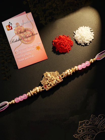 Designer Lord Ganesha Rakhi with Roli Chawal and Greeting Card | Antique Gold Beads Set For Brothers (94-S7R1-EA3601)