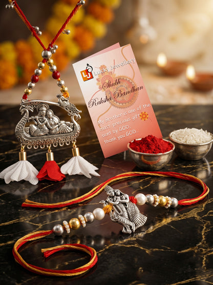 Set of 2 Bhaiya Bhabhi Rakhi Set with Radha Krishna Pendant, Maroon & White Tassels, Roli Chawal (182-JPCR1-1990-S-2-2026)