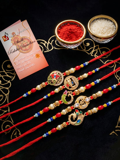 Lucky Jewellery Set of 5 Designer Rakhi for Brother | Golden Om, Ganesha & Peacock Beaded Threads | Premium Raksha Bandhan with Roli, Chawal & Greeting Card (360-S5R1-2305-5)