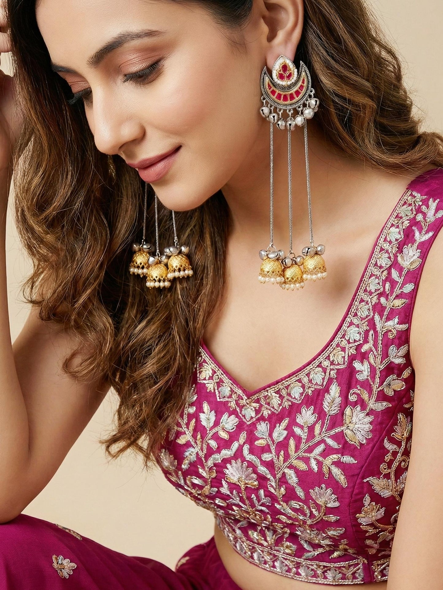 LUCKY JEWELLERY Oxidized Silver Kashmiri Earrings with Magenta Stone, Triple Chain Layer & Triple Gold Jhumka |Black Metal Chandbali Style Earring Set for Girls & Women | Wedding, Festival & Gift Wear