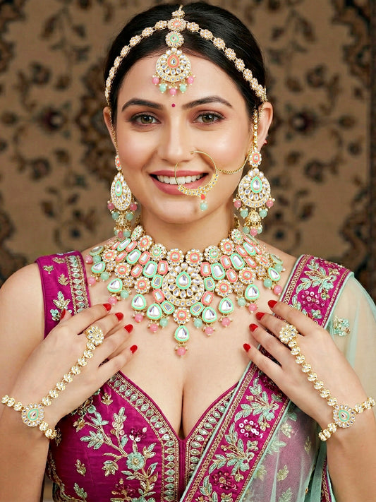 Bridal Kundan Pink Mint Multicolor Choker Jewellery Set with Hathphool & Nath (2541-IZK-554-PKMNT)