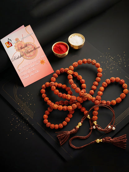 Traditional Rudraksha Rakhi for Brother. Spiritual Bead with Tassels, Roli, Chawal & Card (528-RRR1-1989-1-2026)