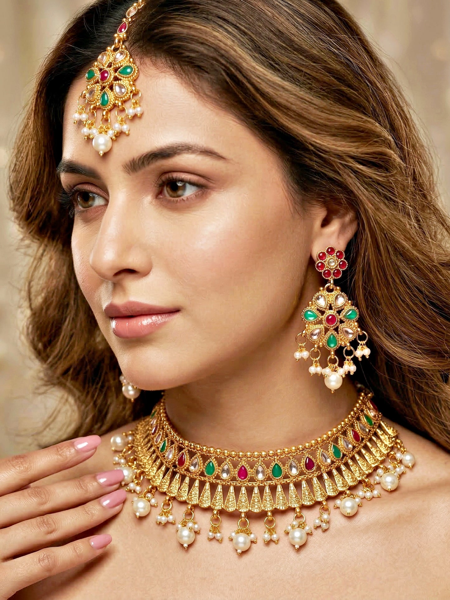 Lucky Jewellery Gold-Plated Ruby & Green Color Choker Set with Maang Tikka (750-G2SR-004-RG)