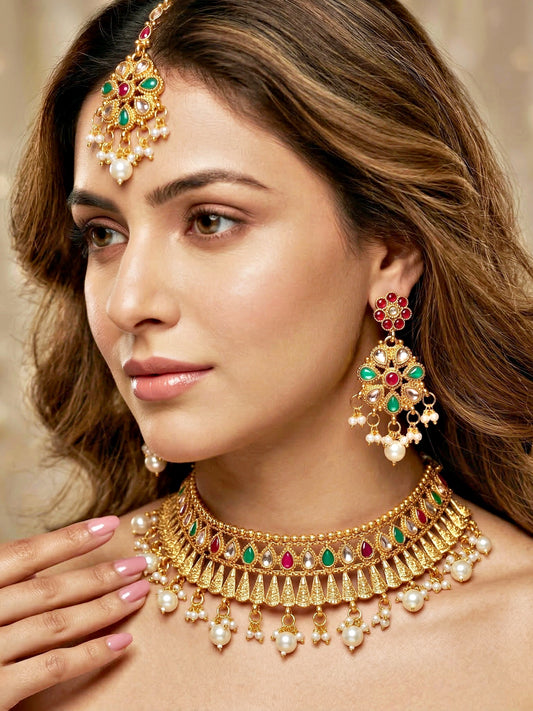 Lucky Jewellery Gold-Plated Ruby & Green Color Choker Set with Maang Tikka (750-G2SR-004-RG)