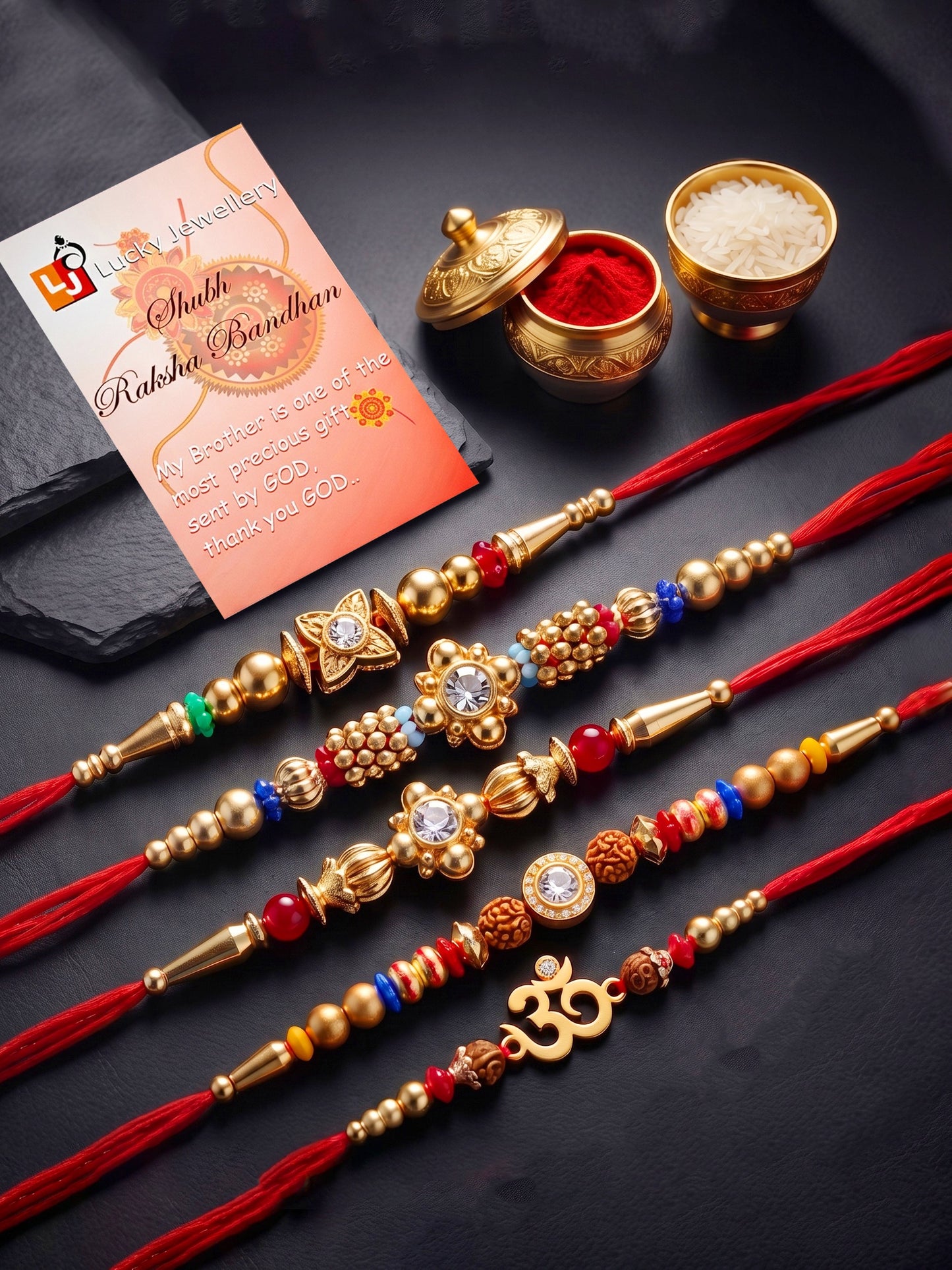 Lucky Jewellery Set of 5 Rakhi with Small Floral & Om Centerpieces, Gold-Tone Beads, Roli Chawal & Card (57-S7R1-2313-5)