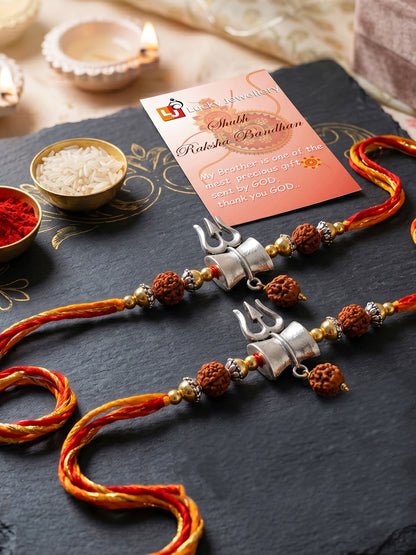 Set of 2 Small Trishul Damaru Pendant Rakhi for Brother with Rudraksha & Gold Beads, Roli Chawal (126-JPR1-1972-S-2-2026)