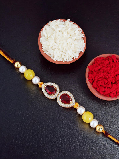 Lucky Jewellery Designer Maroon Color Stone Rakhi - Rakshabandhan Pearl Rakhee Bracelet for Brother/Bhaiya/Bhai/Bhabhi - Pack of 1 (176-CHR1-1279-M-1)