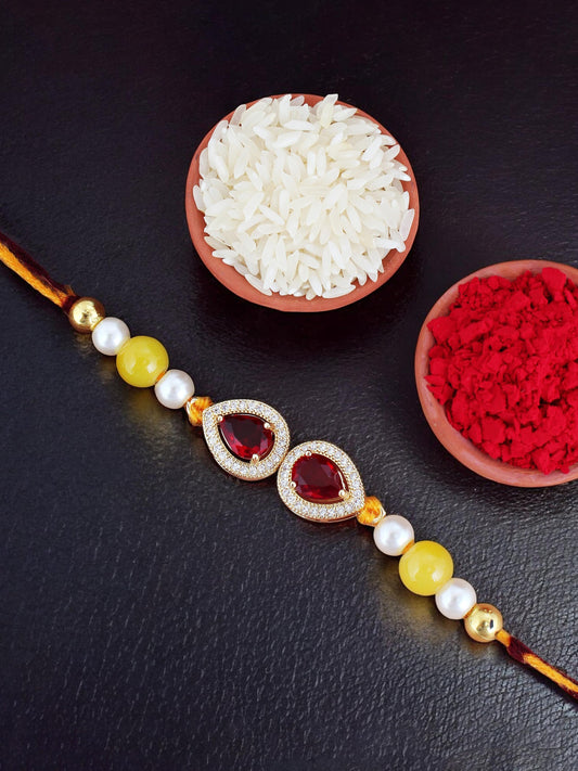 Lucky Jewellery Designer Maroon Color Stone Rakhi - Rakshabandhan Pearl Rakhee Bracelet for Brother/Bhaiya/Bhai/Bhabhi - Pack of 1 (176-CHR1-1279-M-1)