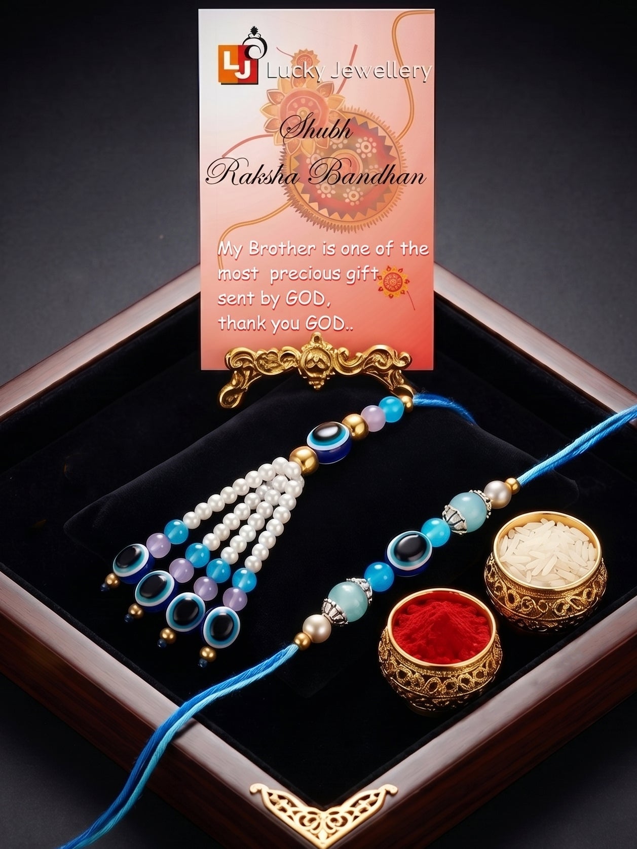 Set of 2 Bhaiya Bhabhi Evil Eye Rakhi Set with Blue & White Beads, Lumba Tassel, Roli Chawal & Card (75-J5R1-1993-EE-2-2026)