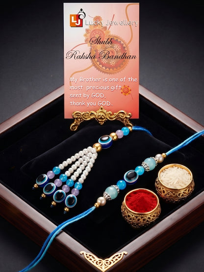 Set of 2 Bhaiya Bhabhi Evil Eye Rakhi Set with Blue & White Beads, Lumba Tassel, Roli Chawal & Card (75-J5R1-1993-EE-2-2026)