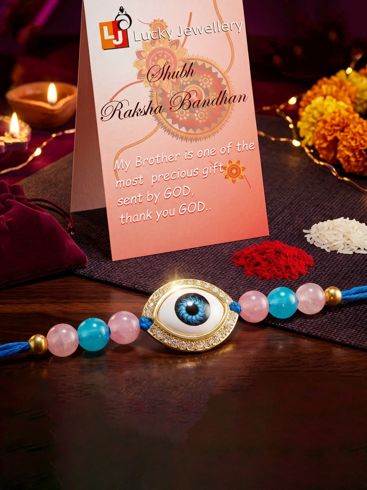 Evil Eye Rakhi for Brother. Protective Charm with Pink & Blue Beads, Roli, Chawal & Card (265-CHR1-1191-F-1-2026)