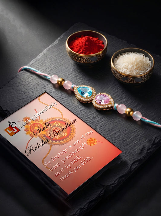 Rakhi for Brother with Blue & Pink drop AD Pendant, Smooth Pastel Beads,Roli Chawal & Card (176-CHR1-1279-PKF-1-2026)