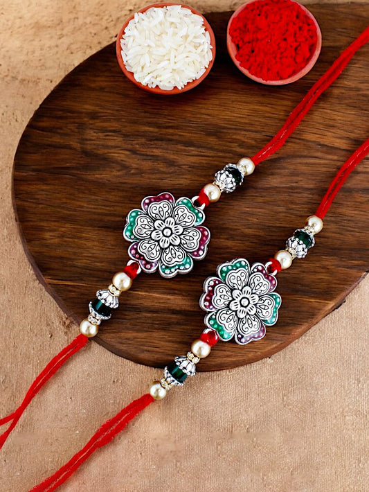 Lucky Jewellery Designer Oxidised Silver Meena Floral Rakhi - Rakshabandhan Rakhee Bracelet for Brother/Bhaiya/Bhai/Bhabhi - Pack of 2 (108-CHR1-1966-MG-S-2)