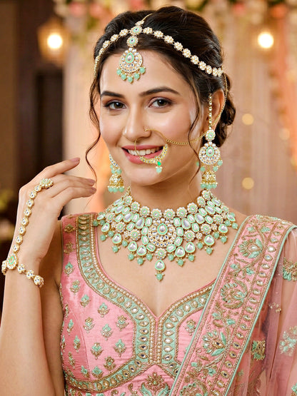 Bridal Kundan Mint Green Choker Jewellery Set with Hathphool & Nath (2541-IZK-554-MNT)