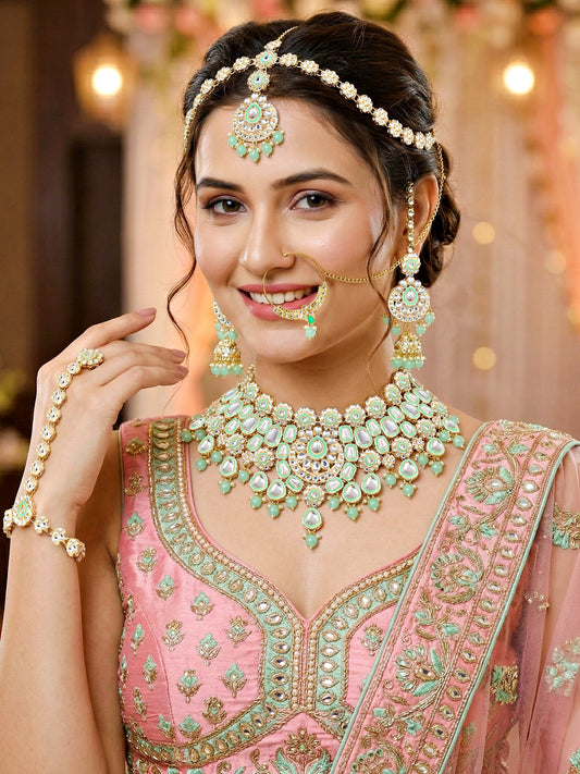 Bridal Kundan Mint Green Choker Jewellery Set with Hathphool & Nath (2541-IZK-554-MNT)