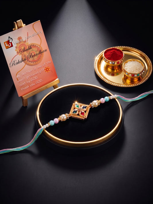 Designer Multi-Color Floral Stone Rakhi for Brother | Pastel Beaded Raksha Bandhan with Roli Chawal (49-S7R1-YO2118)