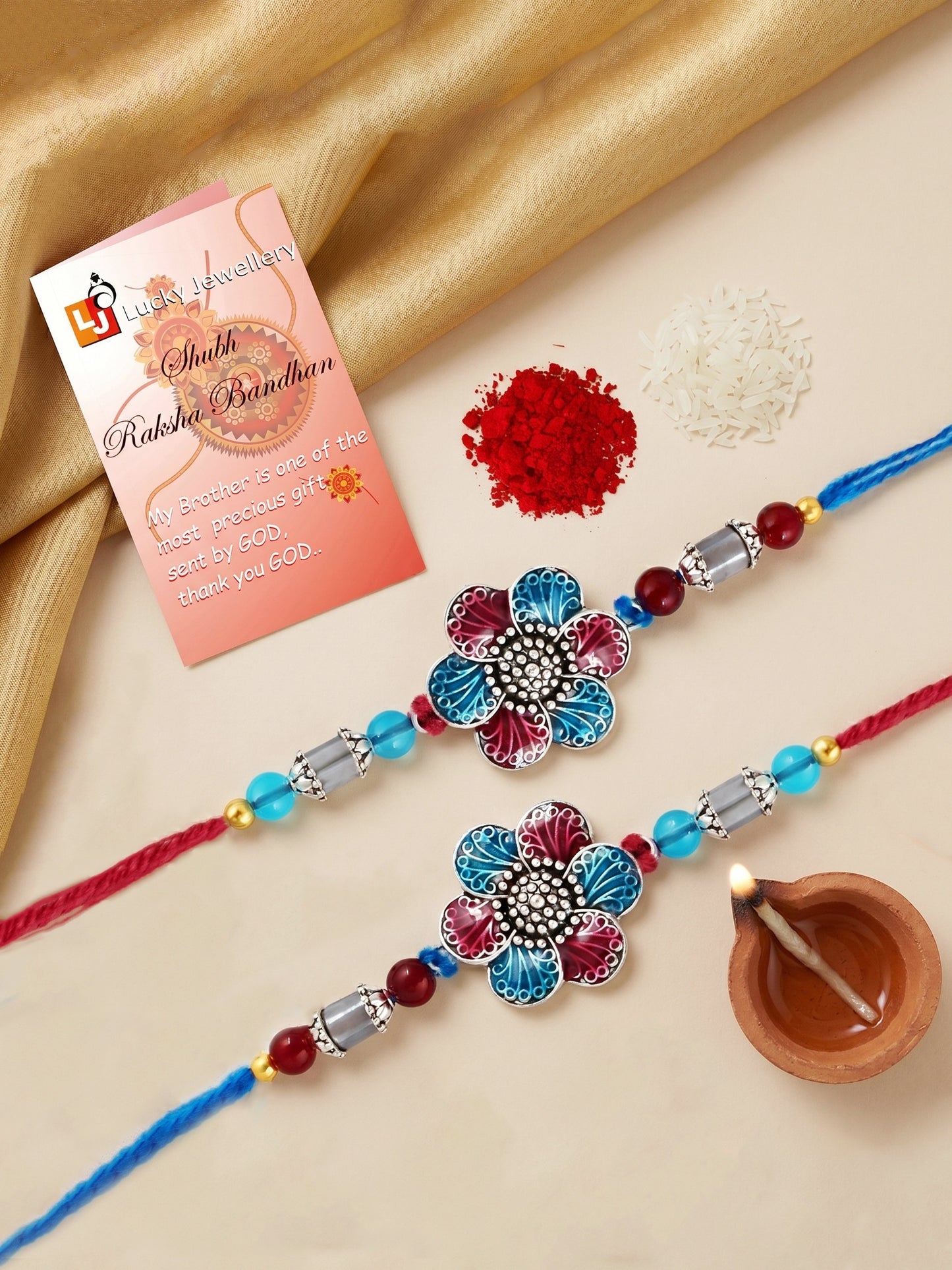 Set of 2 Designer Floral Rakhi for Brother with Metallic, Blue & Maroon Enamel, Roli & Chawal (106-CHR1-1967-RF-S-2-2026)