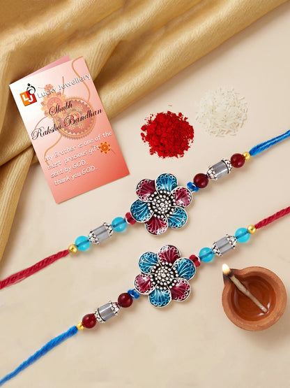 Set of 2 Designer Floral Rakhi for Brother with Metallic, Blue & Maroon Enamel, Roli & Chawal (106-CHR1-1967-RF-S-2-2026)