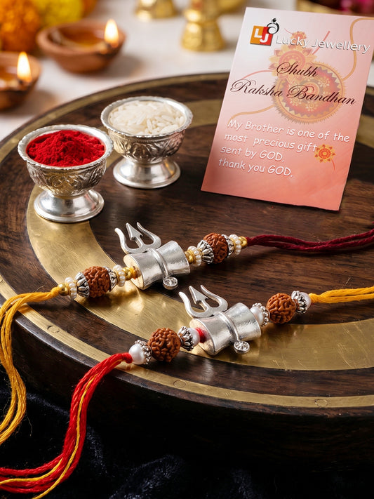 Set of 2 Trishul Damaru Rakhi for Brother with Rudraksha & Gold Beads, Roli Chawal & Card (116-JPR1-1972-S-2-2026)