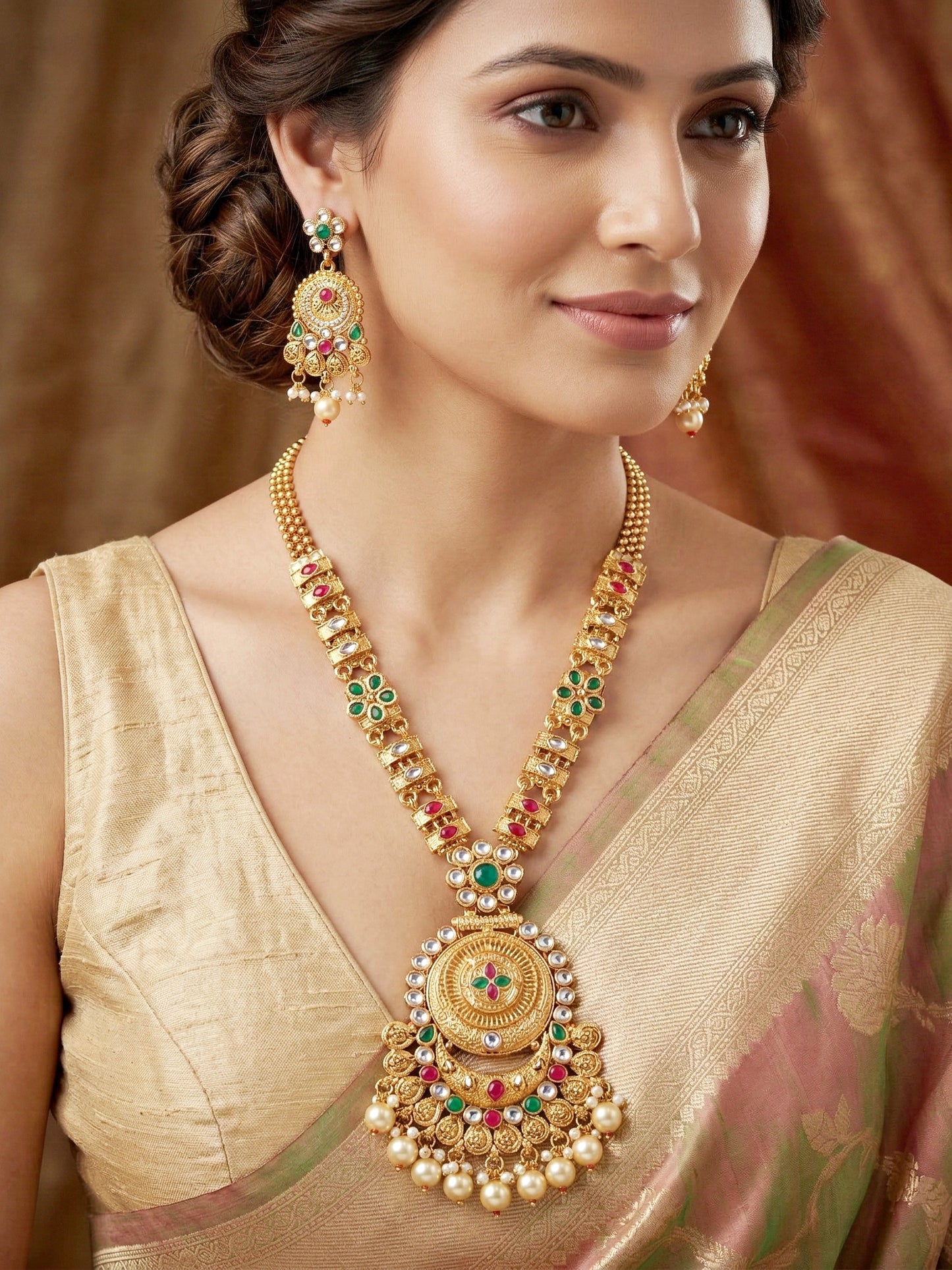 Lucky Jewellery Gold-Plated Ruby & Green Color Necklace Set (732-G2SR-190-RG)