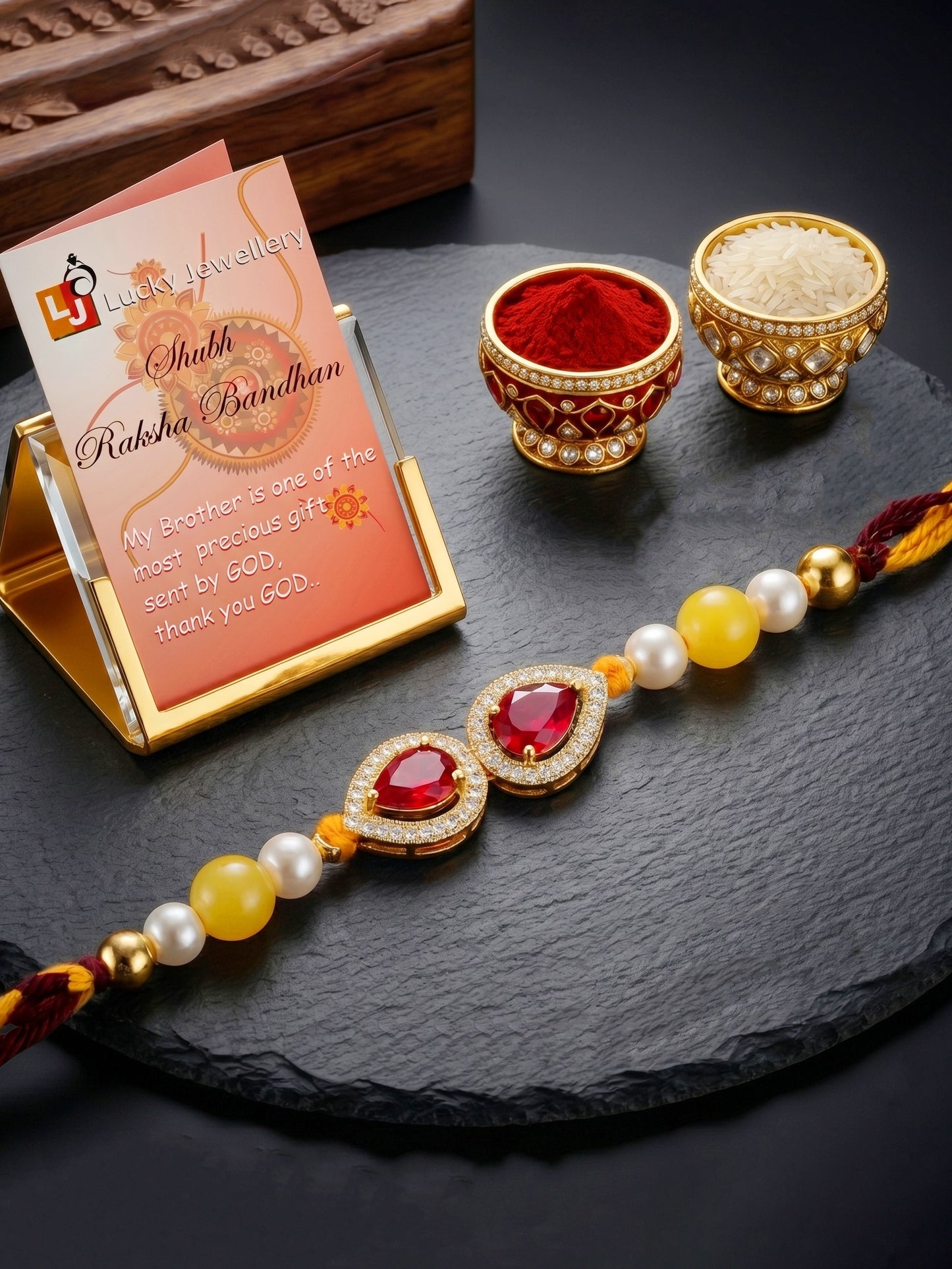Rakhi for Brother with Maroon drop AD Pendant, White & Yellow Beads, Roli Chawal & Card (176-CHR1-1279-M-1-2026)