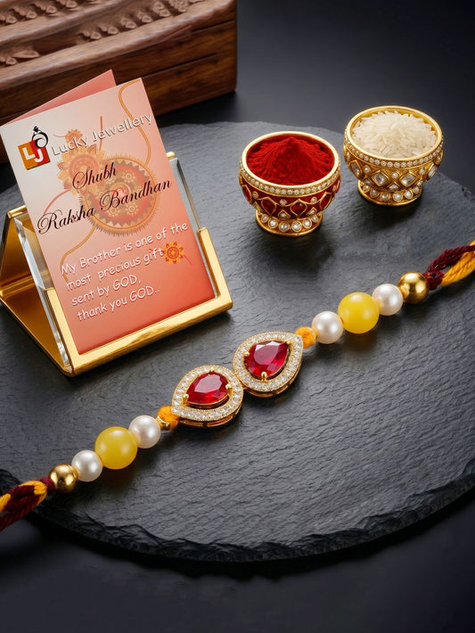 Rakhi for Brother with Maroon drop AD Pendant, White & Yellow Beads, Roli Chawal & Card (176-CHR1-1279-M-1-2026)