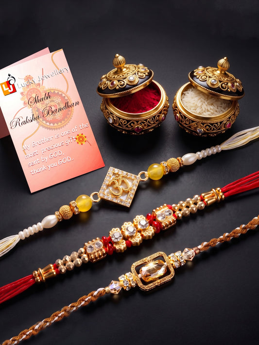Lucky Jewellery Set of 3 Rakhi with Om & Crystal Pendants, Smooth White Beads, Roli Chawal & Card (160-S7R1-2321-3)