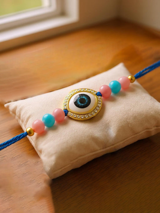 Lucky Jewellery Designer Gold Plated Evil Eye Stone Rakhi - Rakshabandhan Pearl Rakhee Bracelet for Brother Bhaiya Bhai Bhabhi - Pack of 1 (265-CHR1-1191-F-1)