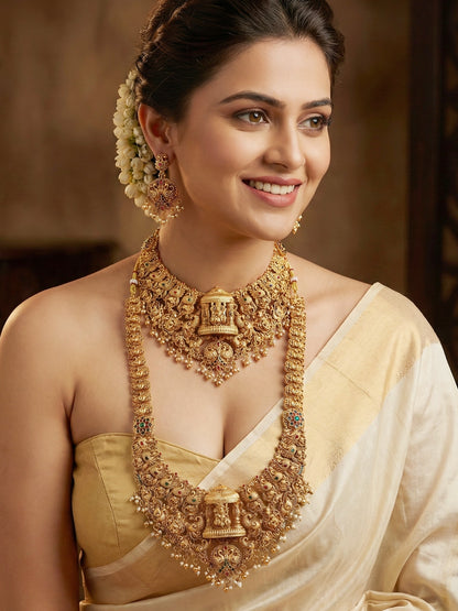 Antique Gold Plated South Indian Temple Jewelry Layered Set | Goddess Lakshmi Choker & Long Necklace with Matching Earrings for Women (3317-ISR-2184-RG)