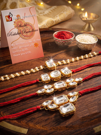 LUCKY JEWELLERY Traditional Rakhi for Brother/Bhaiya – Gold Plated Red Thread Rakshabandhan Rakhie White Stones for Bhai/Bhabhi (Pack of 4) – Fancy Rakhee Bracelet Rakshasutra (182-L1R1-18-W-4-2026)