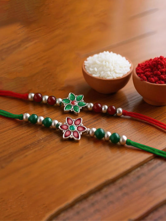 Lucky Jewellery Designer Meena Floral Rakhi - Rakshabandhan Pearl Rakhee Bracelet for Brother/Bhaiya/Bhai/Bhabhi - Pack of 2 (102-JPR1-1970-S-2)