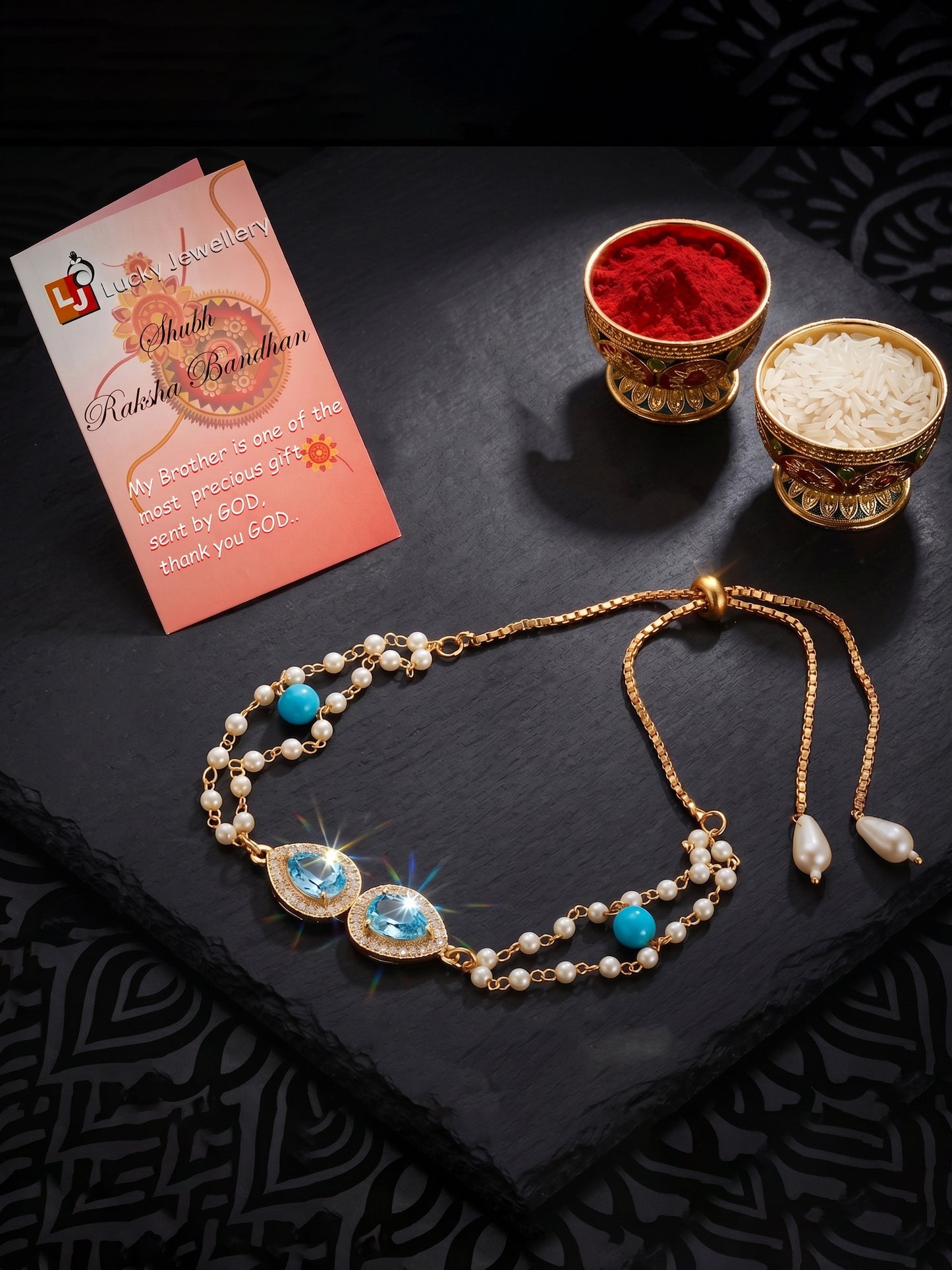 Adjustable Rakhi Bracelet with Blue drop AD Pendant, Turquoise & Beads,Roli Chawal & Card (233-CHB2-1279-F-2026)