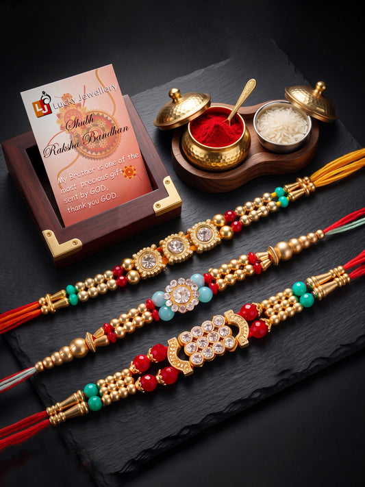 Lucky Jewellery Set of 3 Rakhi with Small Crystal Centerpieces, Gold-Tone & Colored Beads, Roli Chawal & Card (48-S7R1-2312-3)