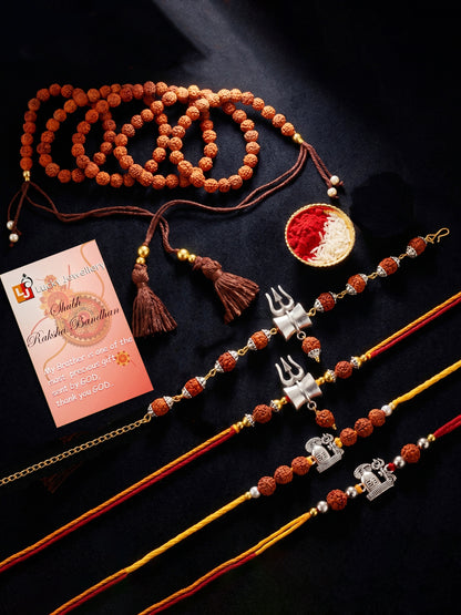 Set of 5 Rudraksha & Silver Trishul Rakhi Set: Shiva-Themed, Metallic Accents, Roli, Chawal & Card (718-JPR1-1994-5-2026)