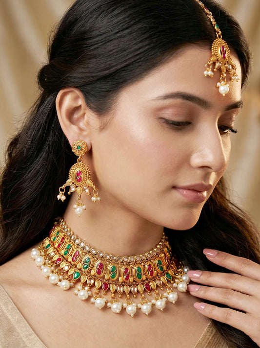 Lucky Jewellery Gold-Plated Ruby & Green Color Choker Set with Tikka (866-G2SR-005-RG)