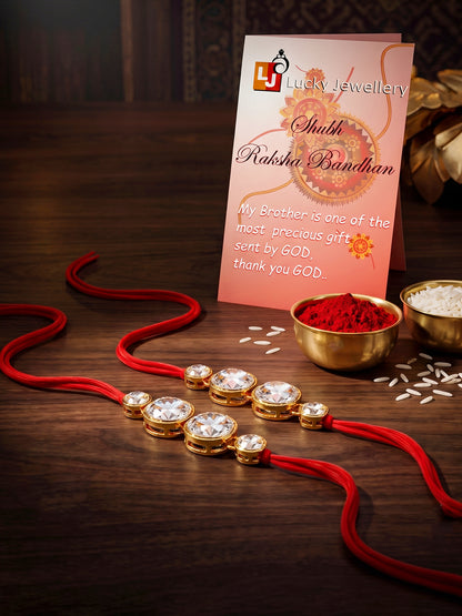 LUCKY JEWELLERY Traditional Rakhi for Brother/Bhaiya – Gold Plated Red Thread Rakshabandhan Rakhie White Stones for Bhai/Bhabhi (Pack of 2) – Fancy Rakhee Bracelet Rakshasutra (152-L1R1-10A-W-2-2026)
