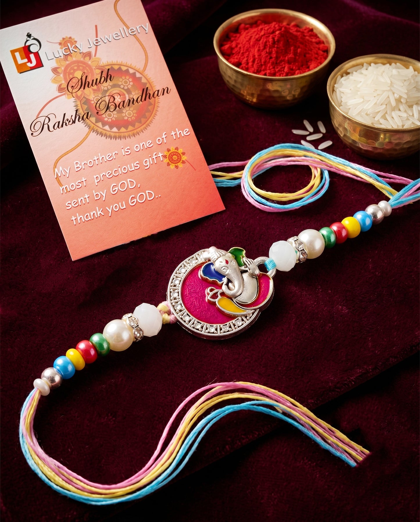 Lord Ganesha Circular Ganpati Silver-Finish Enamel Beaded Rakhi Set For Brother, Roli & Card (132-S5R1-AR2773)
